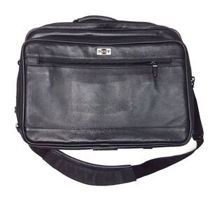 Port Black Leather Briefcase Messenger Bag Body Strap Luggage Travel Vintage